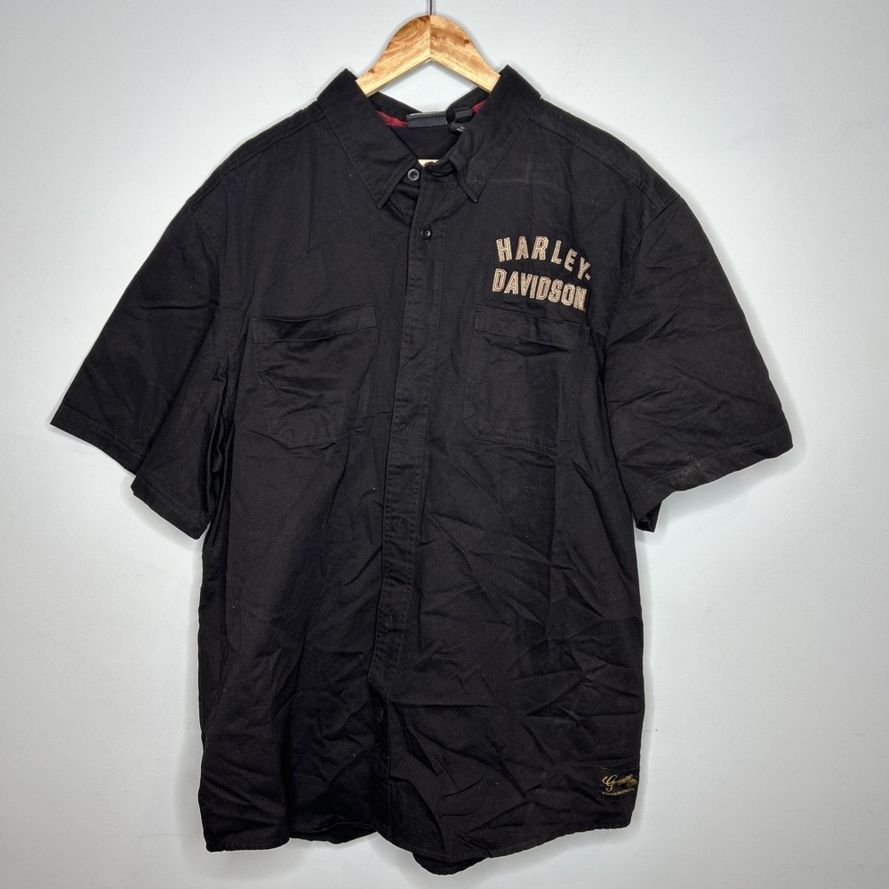 Iconic Harley Davidson Canvas Shirt Black Embroidered S/S Button Up Logo 2XL